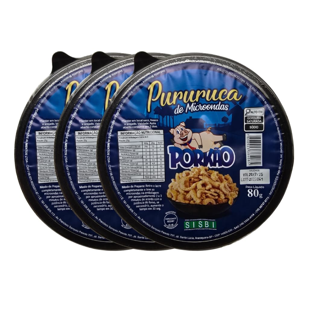 KIT 3X Torresmo Pururuca de Microondas ou Airfryer 80g - Pré-frito - Porkão - 240g Total