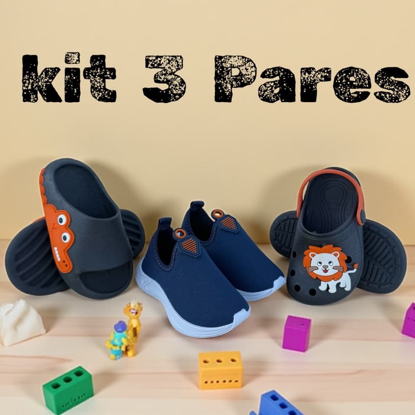 Kit 3 Pares Infantil Tênis Calce Fácil Chinelo Slide Nuvem CrocoBabuche Leãozinho Dia Das Crianças