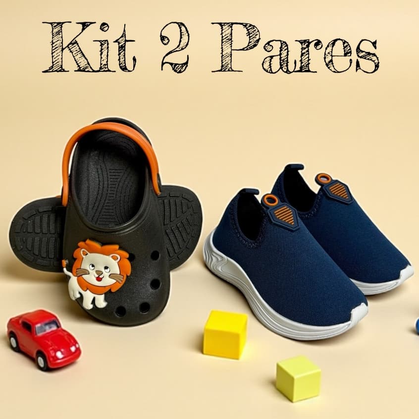KIT 2 Pares Infantil Tênis Calce Fácil Puxador & Sandália Babuche Leãozinho Meigo Dia Das Crianças