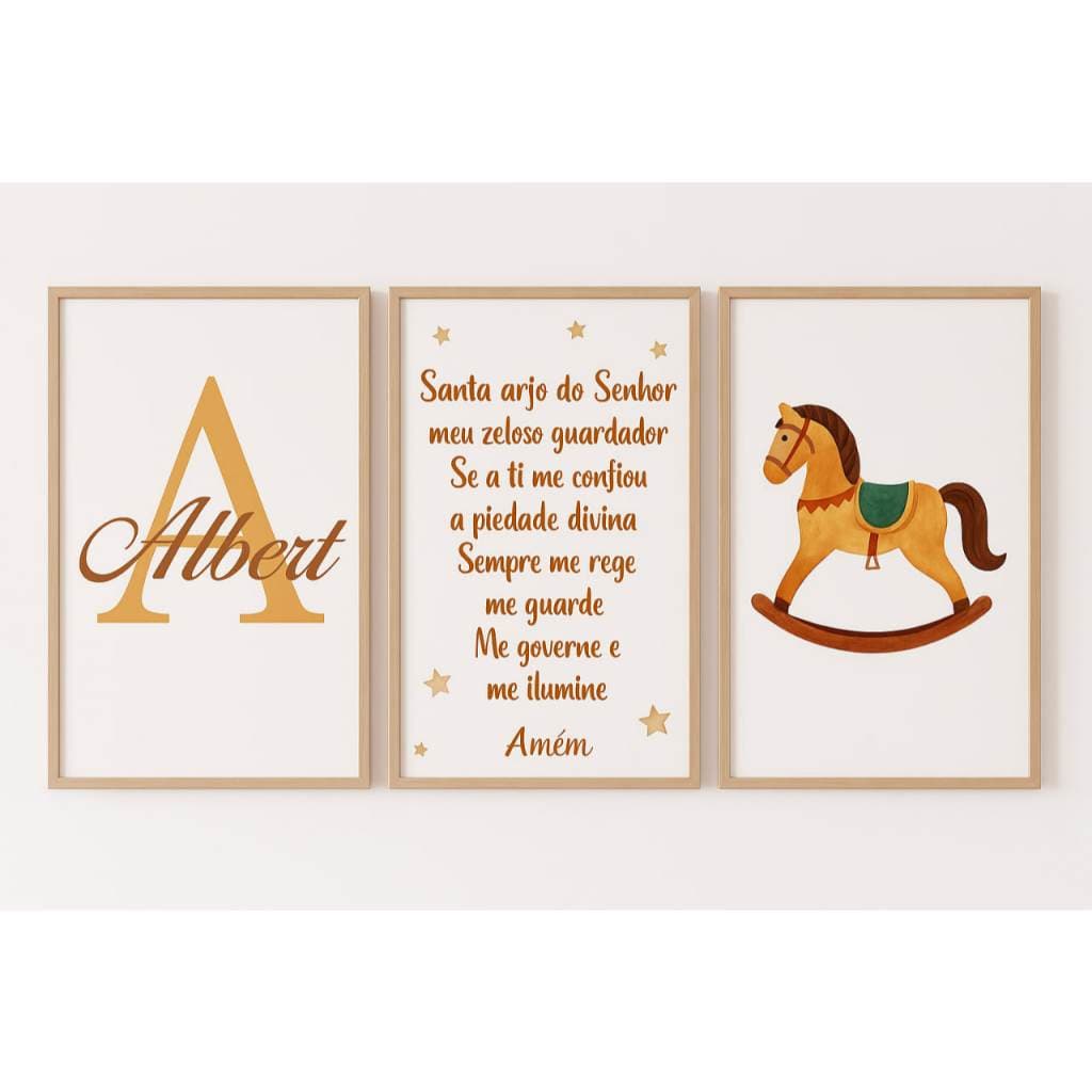 Quadros Decorativos 3p nome personalizado cavalinho infantil kids quarto oração santo anjo
