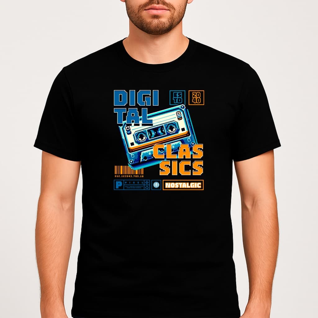 Camiseta Masculina Geek Digital Classics – Cassete Retrô Pixel Art em Algodão Premium