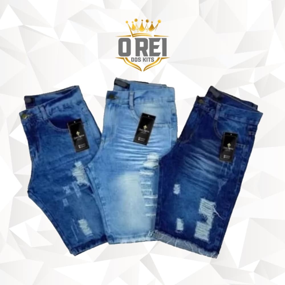 Kit de 3 Shorts Jeans Masculino Bermuda Jeans Masculina Rasgada e Desfiada Envio Imediato
