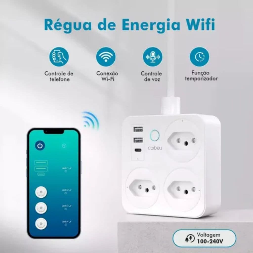 Régua de Energia Wi-Fi Inteligente com Controle por App e Voz 4 Tomadas 3 Entradas USB Compatível com Alexa e Google
