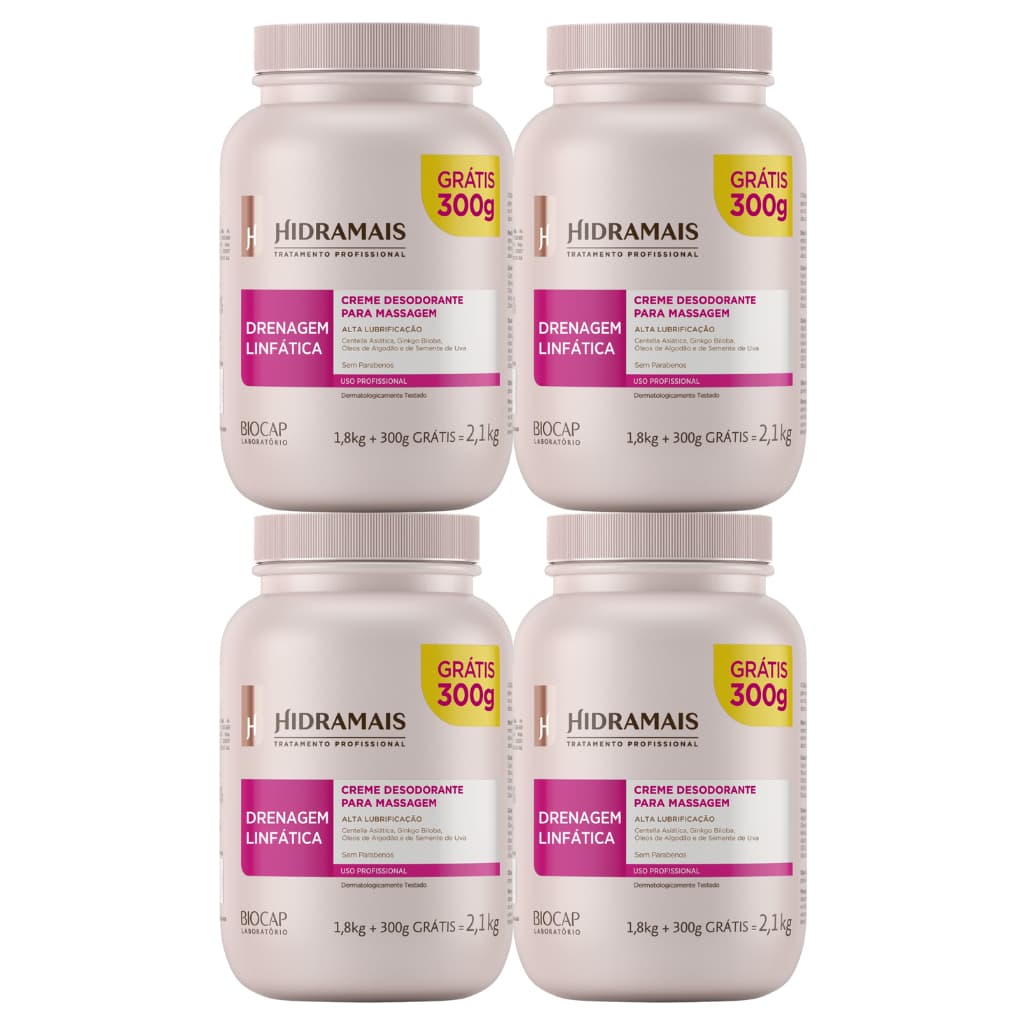 Creme Para Massagem Drenagem Linfática 2,1kg Hidramais 4 Unidades