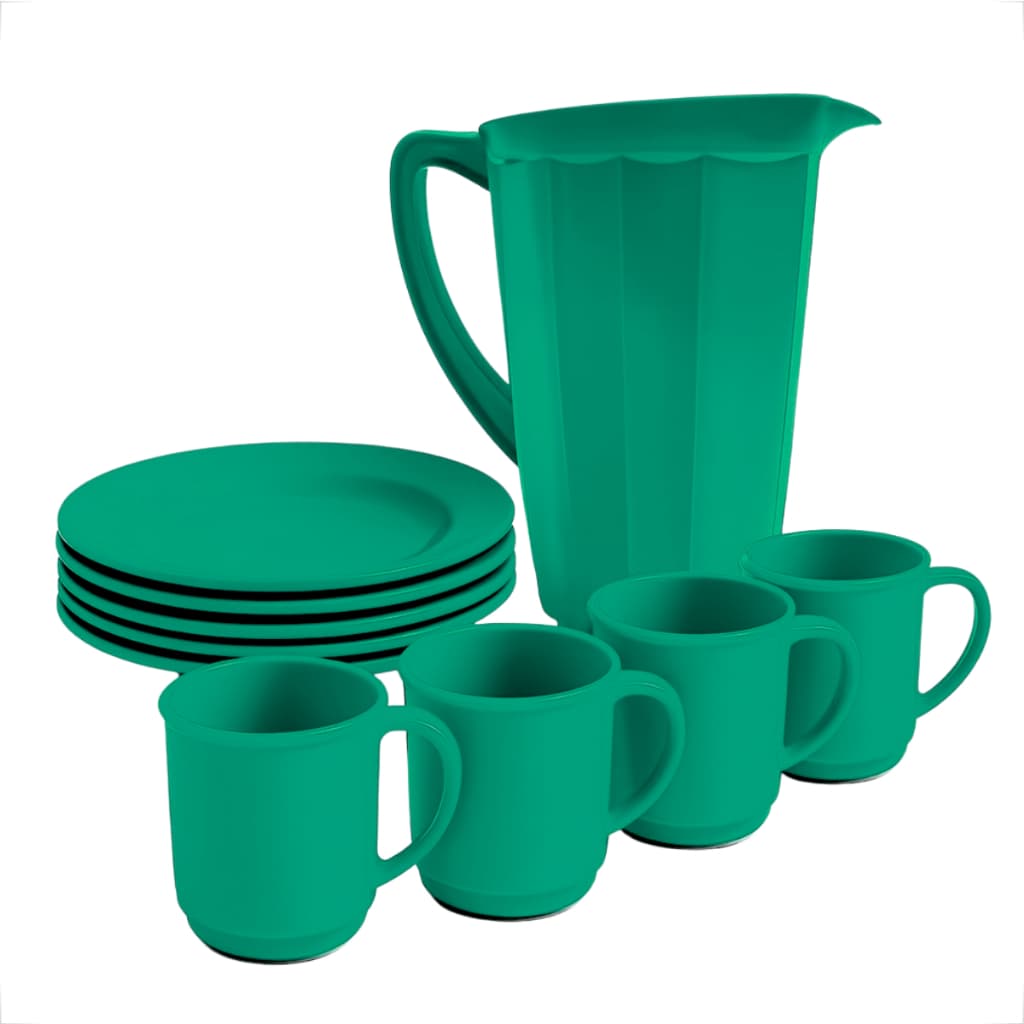Kit Jarra Suco de Plastico+ 4 Pratos + 4 Canecas com Alça 400ml Ideal para Escola e Casa