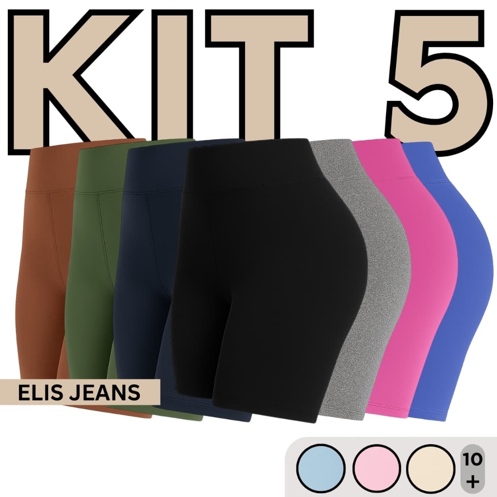 Kit 5 Shorts Feminino Fitness Meia Coxa Cintura Alta Bermuda Legging Zero Transparência