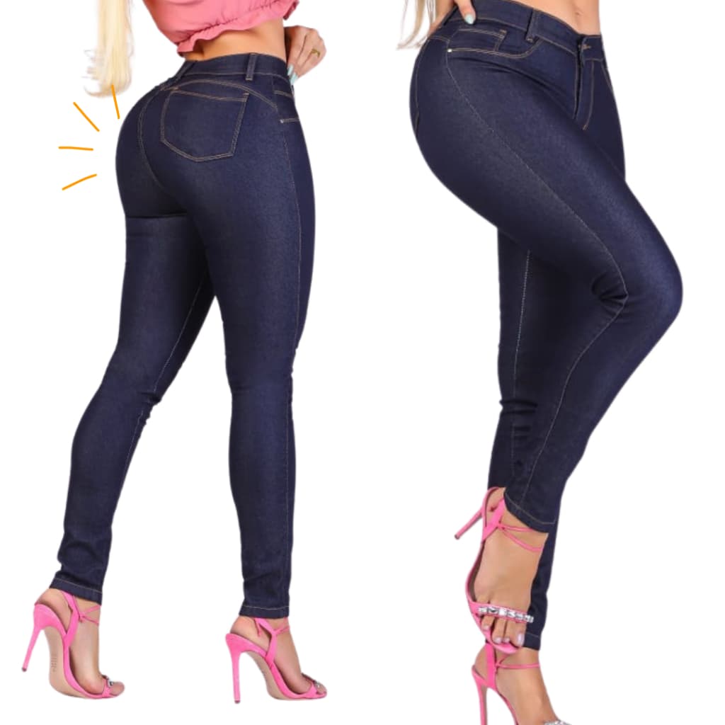 Calça Jeans Feminina com Elastico no Cós Elastano Lycra Brilho Ciintura Alta Barata Trabalho
