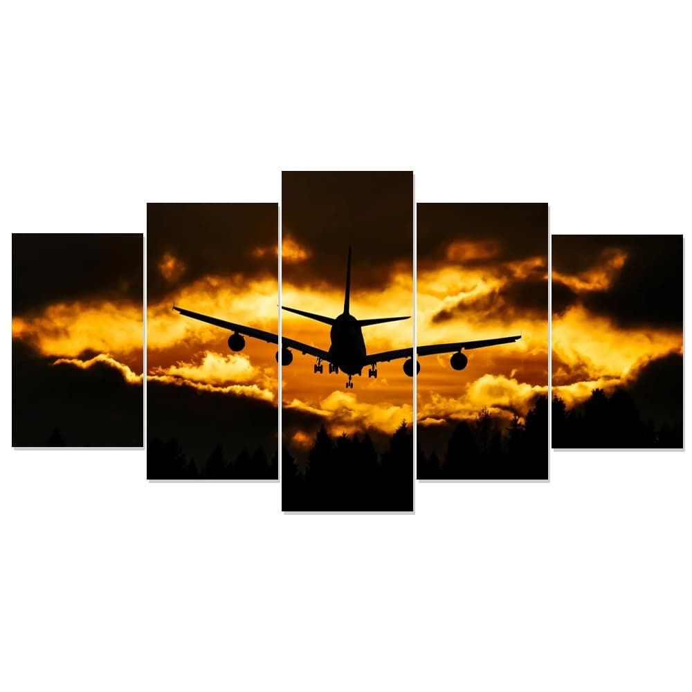 Quadro Decorativo Mosaico 5 Peças Avião Por do Sol Céu Paisagem Sala Quarto e Hall