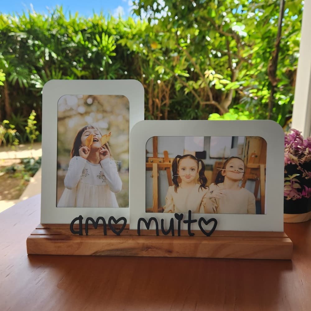 Porta-Retrato Duplo "Amo Muito" 10 x 15 cm Aço & Nogueira