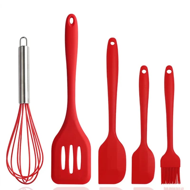 Jogo 5 Peças Silicone Kit Culinário de Utensílios Para Cozinha Com Espátula Pincel e Fouet Fuê