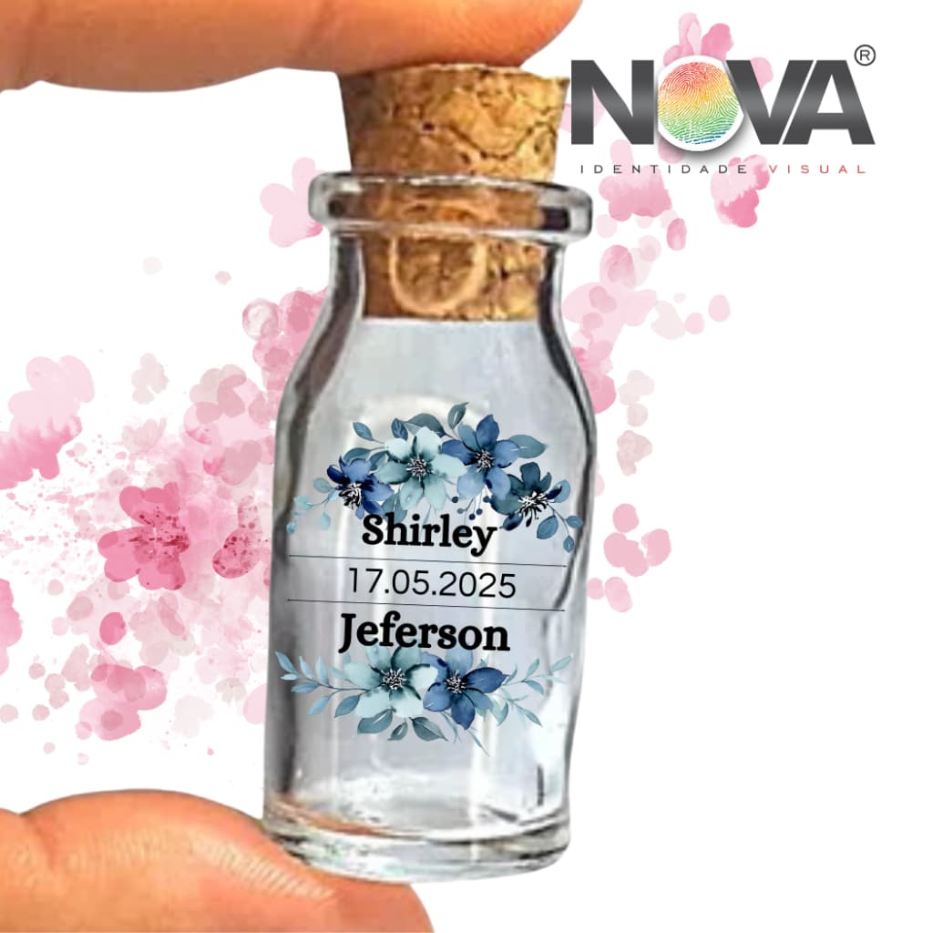 Kit 50 un Adesivos Personalizados Transparente Florido Azul Casamento Nome Data Flores
