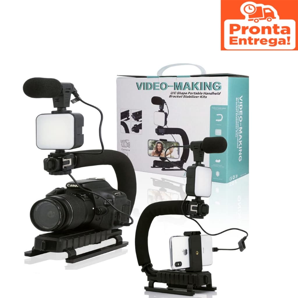Kit Estabilazador Video making Vlog Live P/ Camera e Celular Com Microfone e Led Profissional
