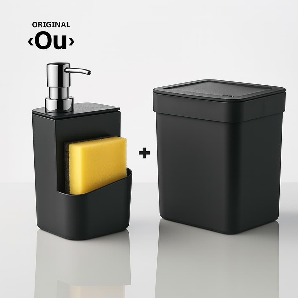 Dispenser De Detergente 650ml + Lixeira 4,7L Trium Ou Preto Pia com Dosador Suporte Esponja Buchinha
