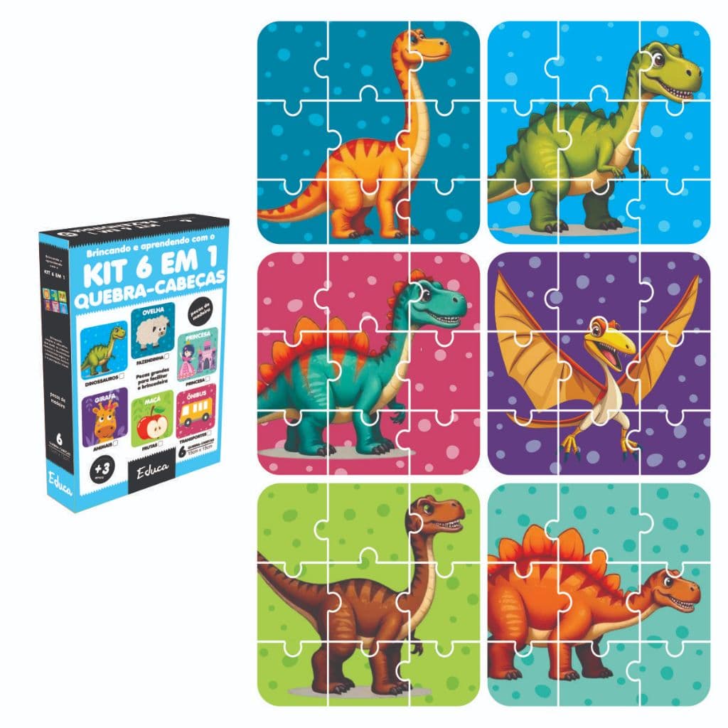 Kit 6 Quebra Cabeça Dinossauros Infantil Madeira Com 9 Peças