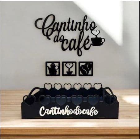 Kit Cantinho do Café Bandeja Coração e Aplique em MDF Na Cor Preta