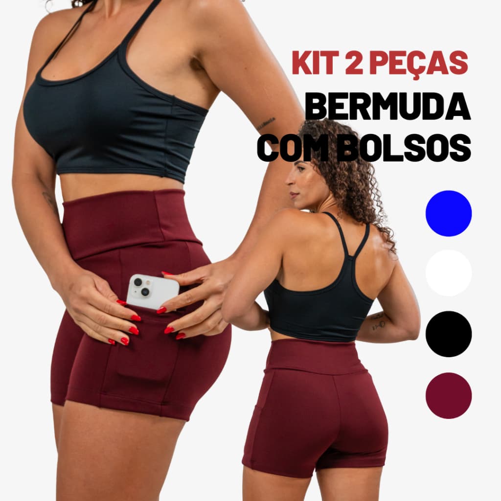 KIT2 Bermuda Feminina Legging pra Atletismo Corrida Academia com Dois Bolso pra Celular Cós alto