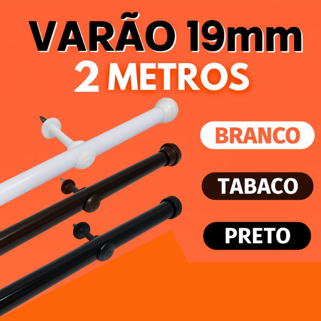 Kit Varão Cortina Simples 2 Metros 19mm com Ponteira Suporte Varal Bastão Sala Quarto Cozinha Cores