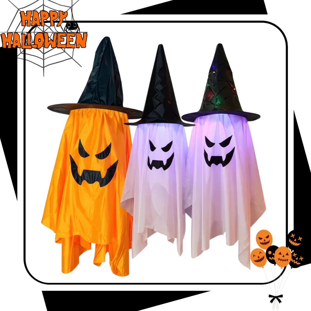Fantasma Decorativo Halloween com Chapéu de Bruxa e Luz LED  Enfeite Suspenso Festa Assustadora