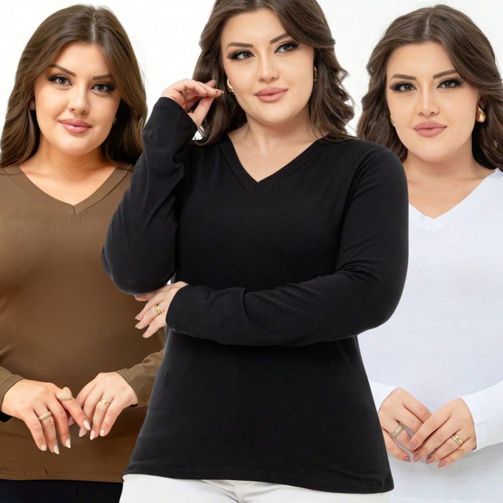 Kit 3 ou 2 Blusa Manga Longa Gola V Feminina Viscolycra Segunda Pele Versatilidade e Conforto