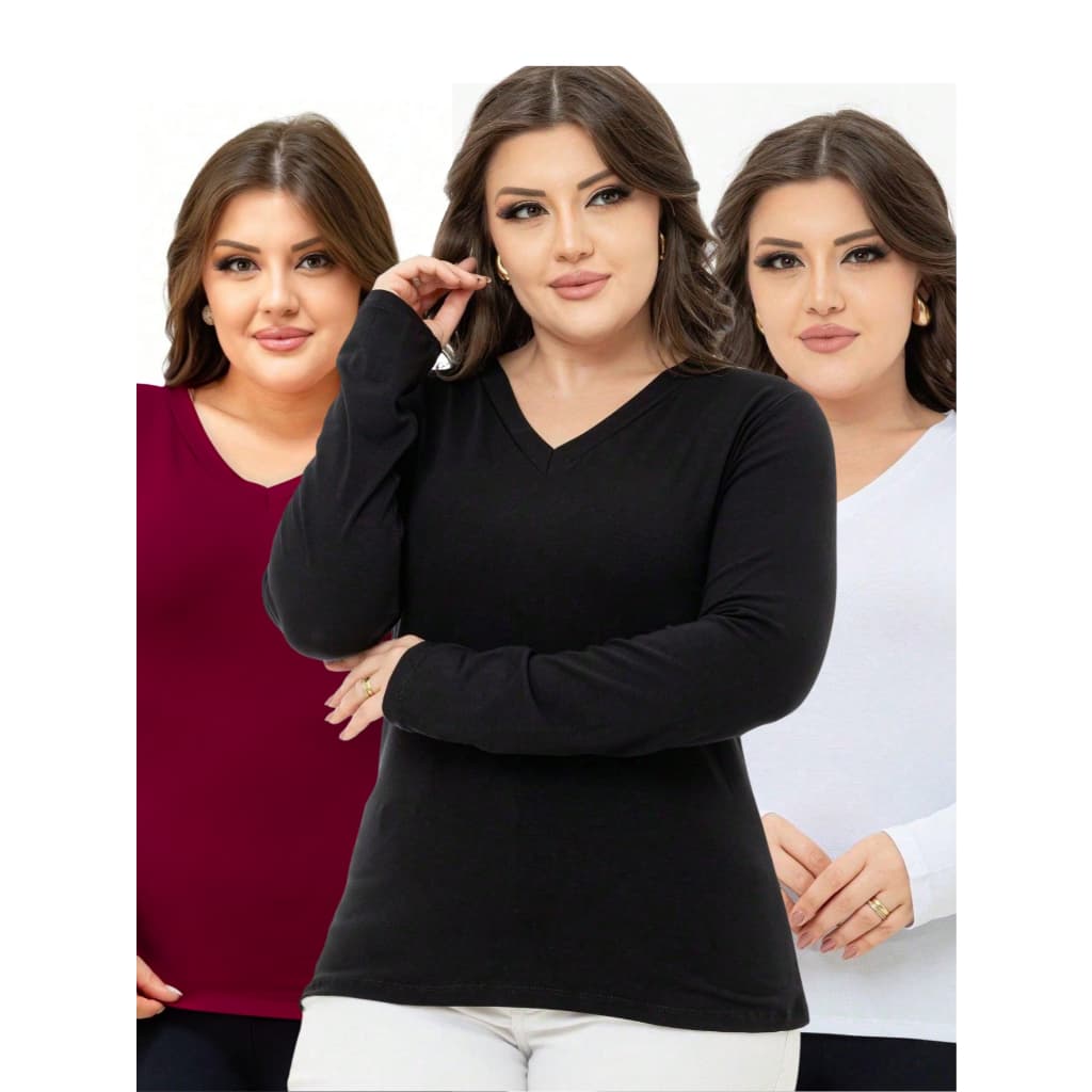 Kit 3 ou 2 Blusa Manga Longa Gola V Feminina Viscolycra Segunda Pele Coforto e Versatilidade