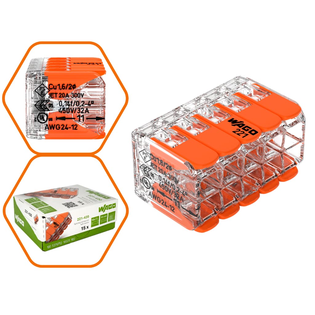 Conector de Fio Elétrico Wago 221-420 Conector Wago Emenda 10 Vias 32A 0,14 - 4mm² Kit 1 Peça