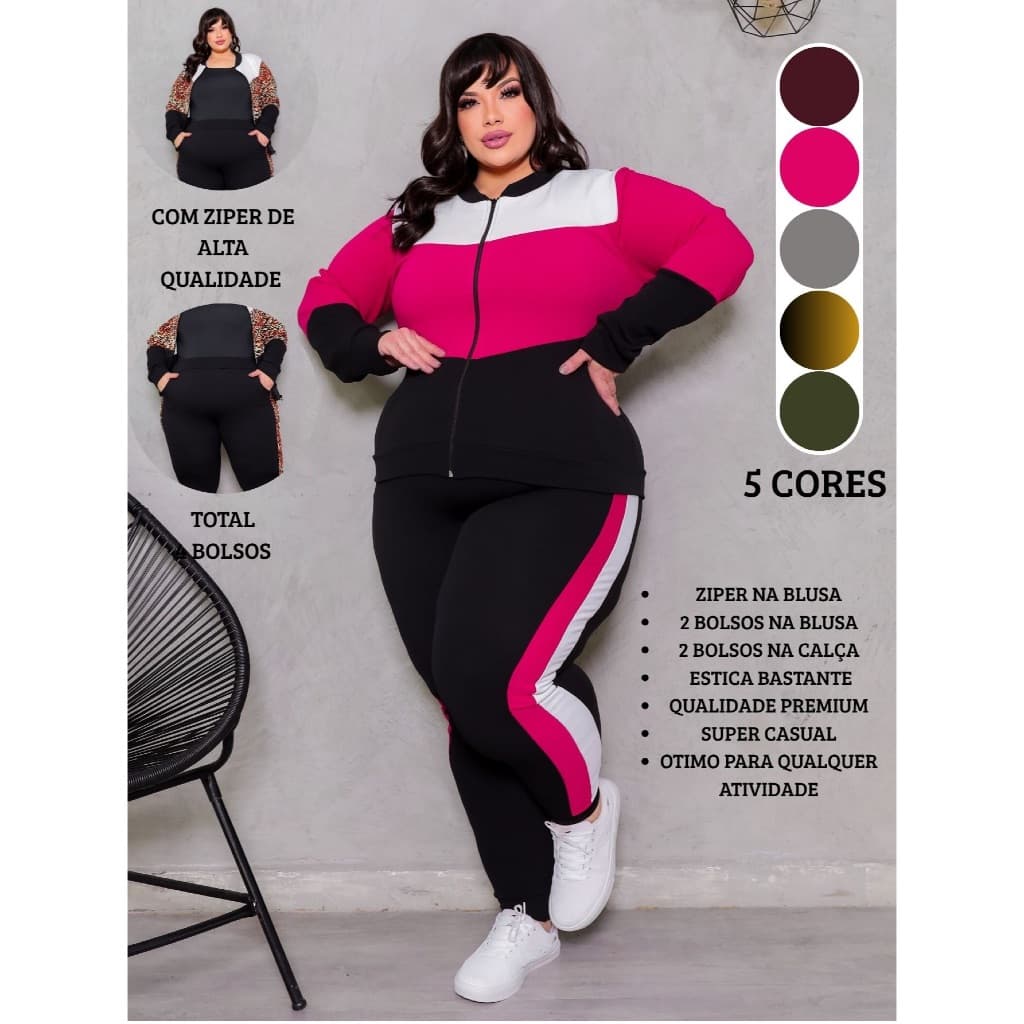 Conjunto Feminino Plus Size G1234 Linha Premium Calça e Blusa Com Ziper Malha Crepe Confortável Calça Jogger  Moleton