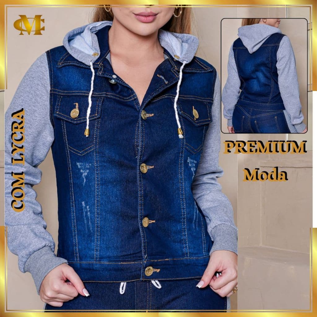 Jaqueta Jeans Feminina com Moletom e Capuz Removível com Lycra Confortável Moda