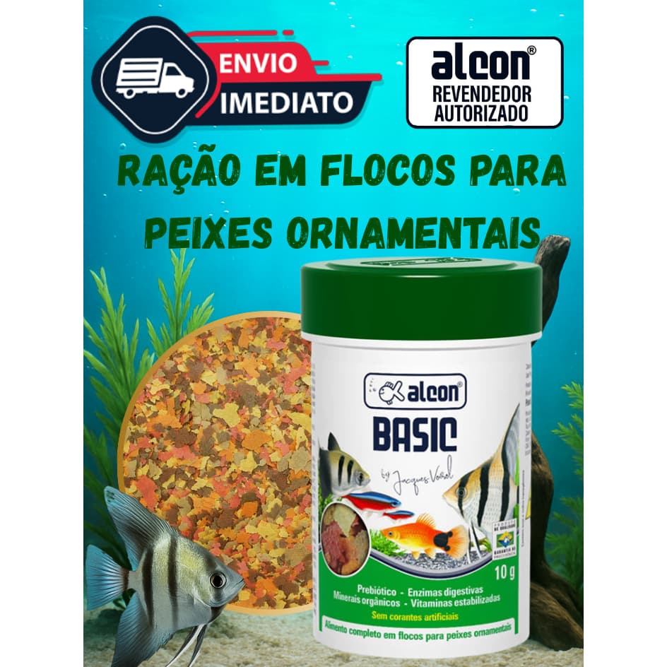 Ração Alcon Basic 10gr em Flocos para Peixes Ornamentais de Aquário, Comida para Peixes de Água Doce