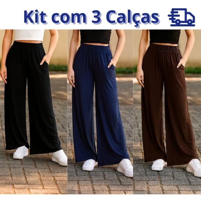 Kit com 3 Calças Modelo Pantalona com Bolso Lateral e cós com elástico