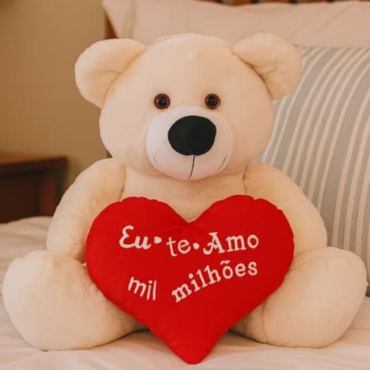 Urso de Pelúcia 60cm C/ Coração Fofo Antialérgico Presente Namorados Aniversário Quarto Bebê