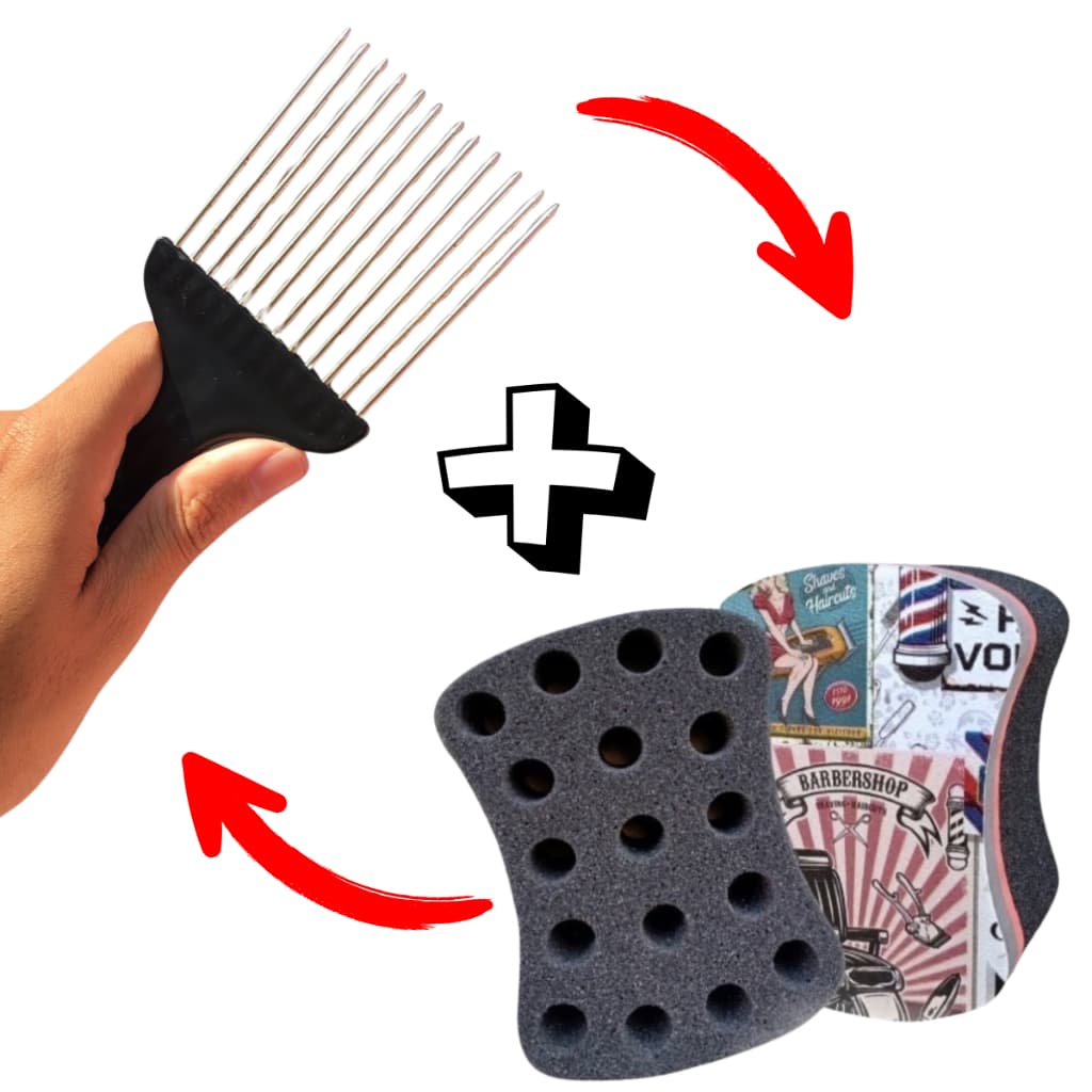 Esponja Nudred Bucha Enrolar Cabelo + Pente Garfo Afro de aço