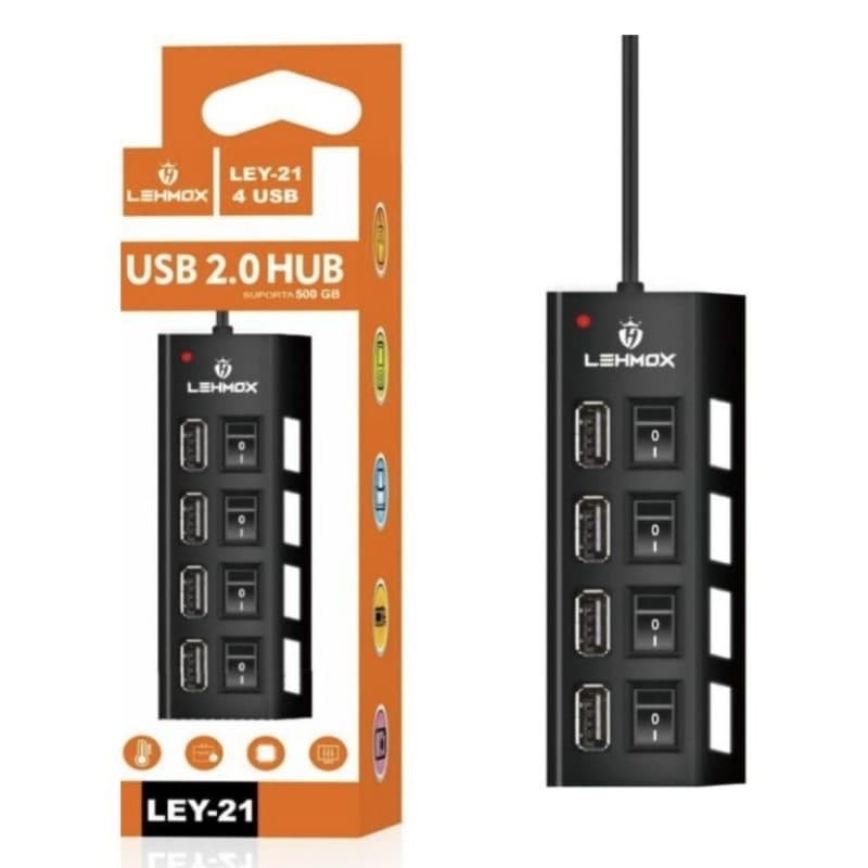 HUB USB 2.0 4 PORTAS COM BOTÃO LIGA DESLIGA