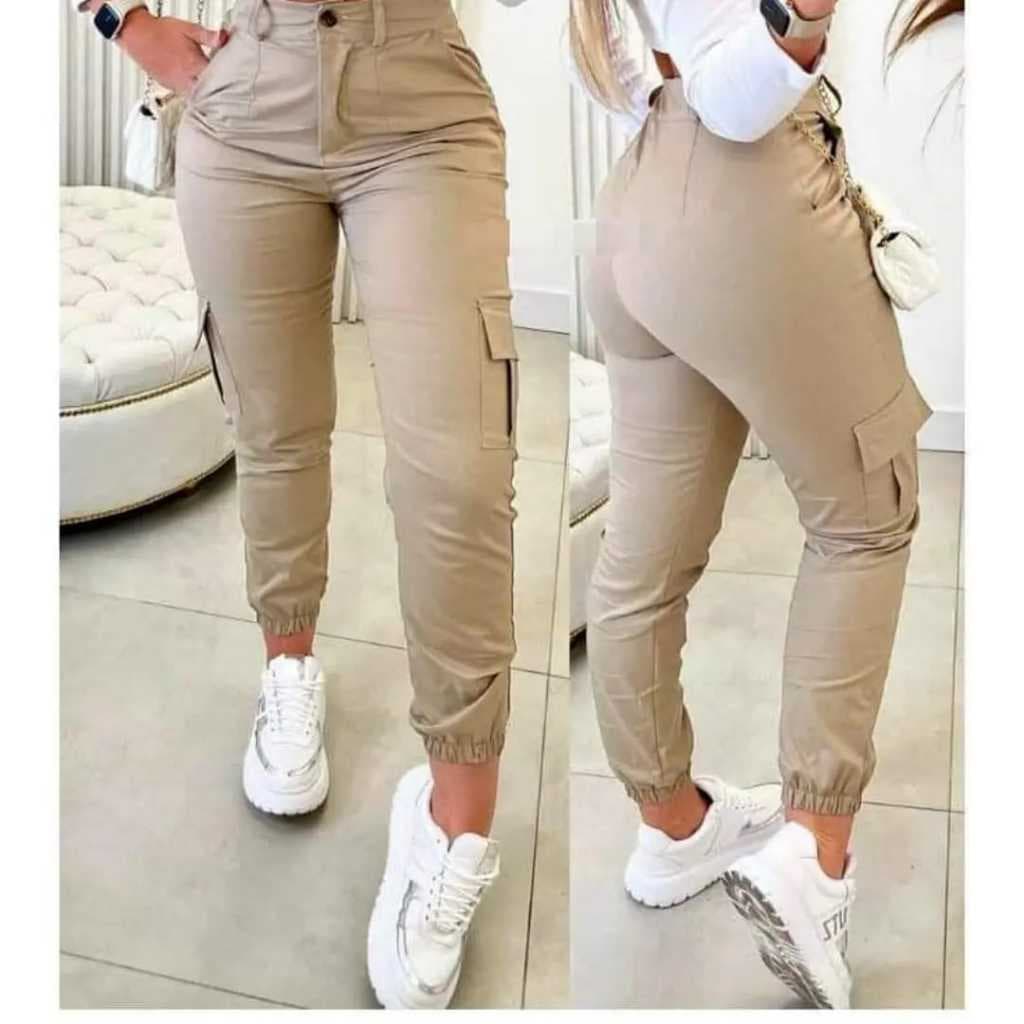 calças jogger bolso lateral tecido sarja