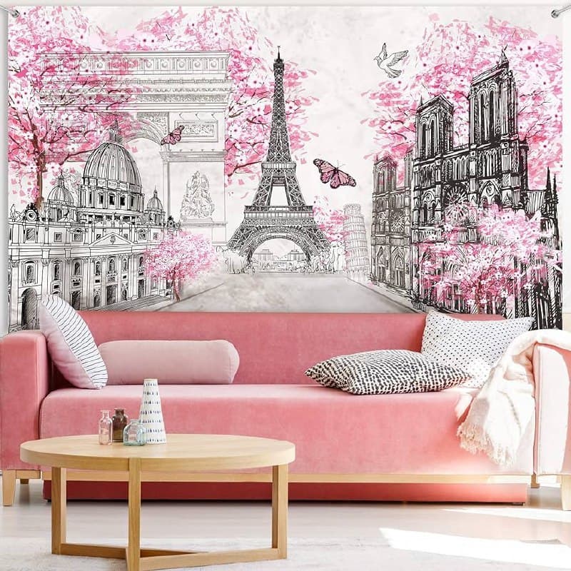 Papel de Parede Adesivo Torre Eiffel com Árvores Rosas – Estilo Vintage Romântico para Sala ou Quarto 1m² 5d impressão