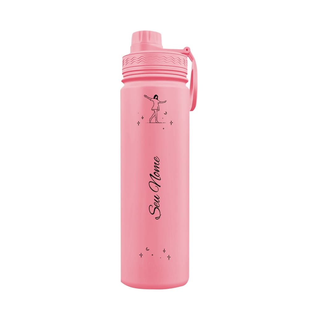 Garrafa Térmica Fresh Personalizada Com Alça Fine Lines Girl Walking with the Moon and Stars Com Nome