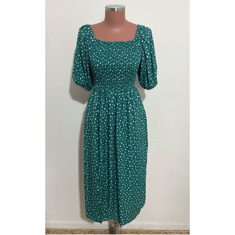 Vestido Verde Natal Midi Com Elastec Fenda Manga Curta