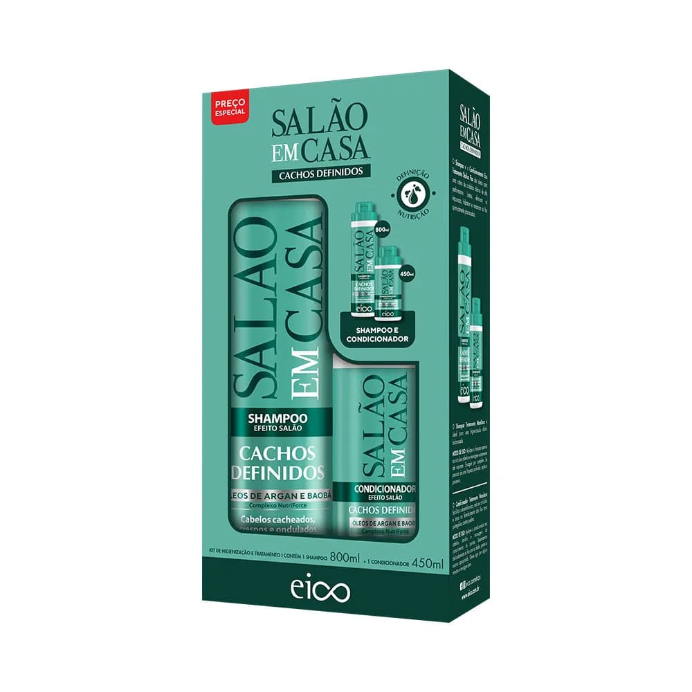 Tratamento Salão Em Casa Cachos Definidos Shampoo Sem Sal 800ml + Condicionador Leave-in 450ml