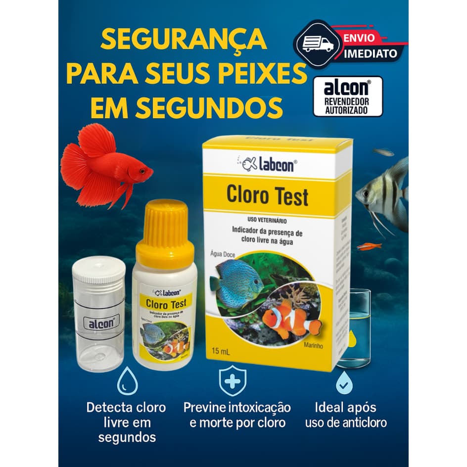 Teste de Cloro Para Aquário de Peixes Ornamentais, Peixes de Água Doce e Salgada - Alcon Labcon Clorotest 15ML