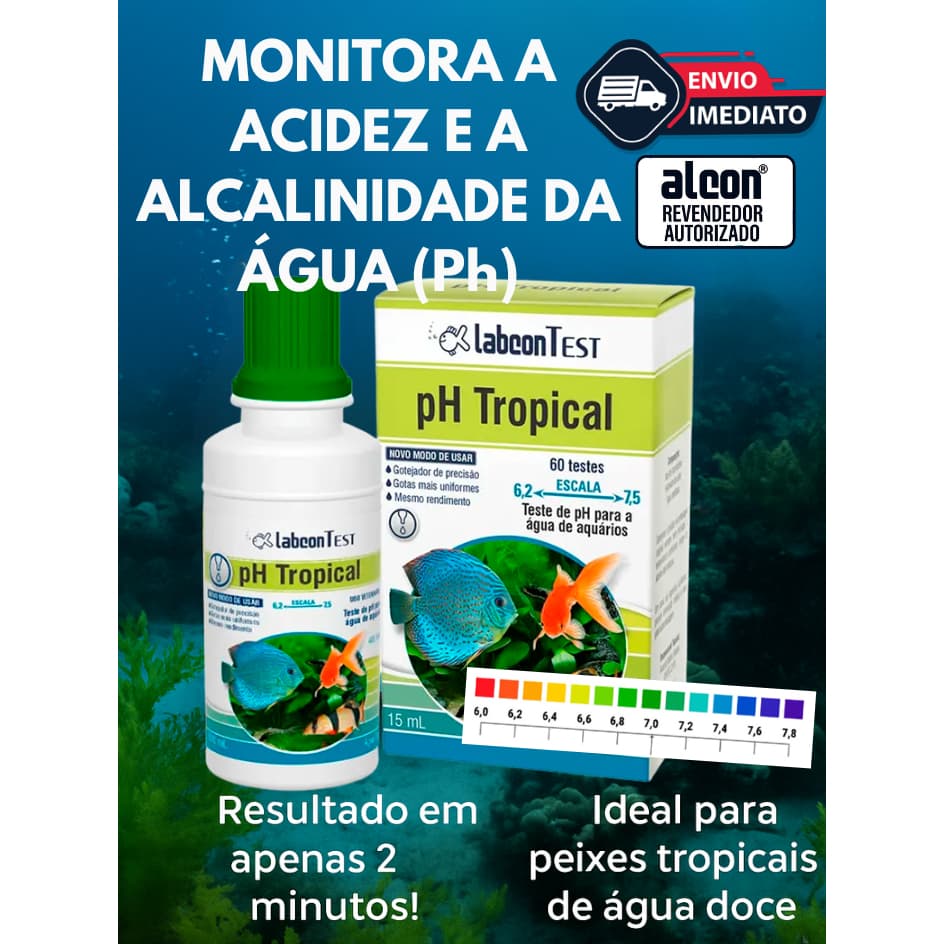 Teste de Ph para Aquário de Peixes Ornamentais Água Doce, 60 Testes - Alcon Labcon pH Tropical 15ml