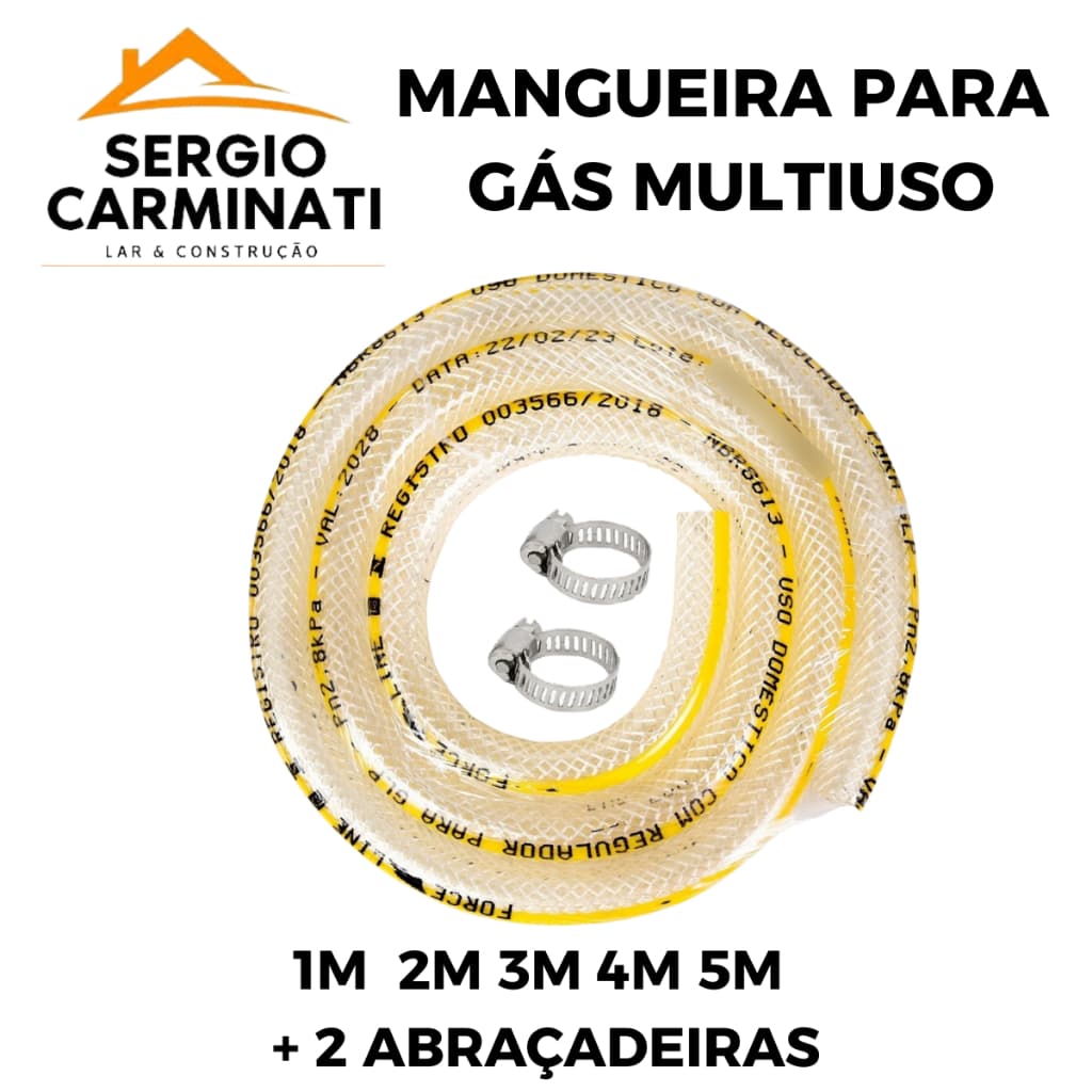 Mangueira de Gás DE Cozinha Fogão Botijão GLP Trançada 3/8 x 3 mm em metro + 2 abraçadeiras 1,2,3,4 ou 5 metros