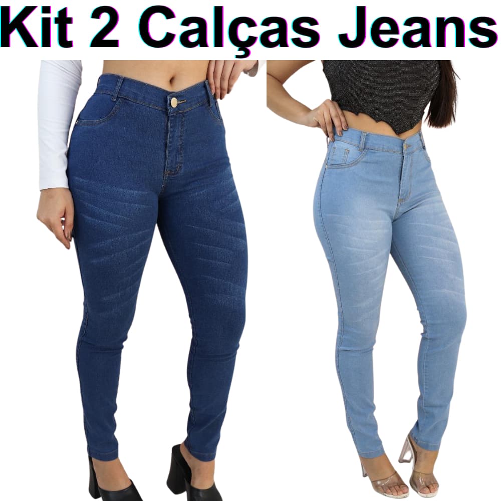 Calça Jeans Kit 2 Calças Jeans com Riscas Skinny Feminina | Lavagem Clara + Escura | Qualidade Boa e Acessível