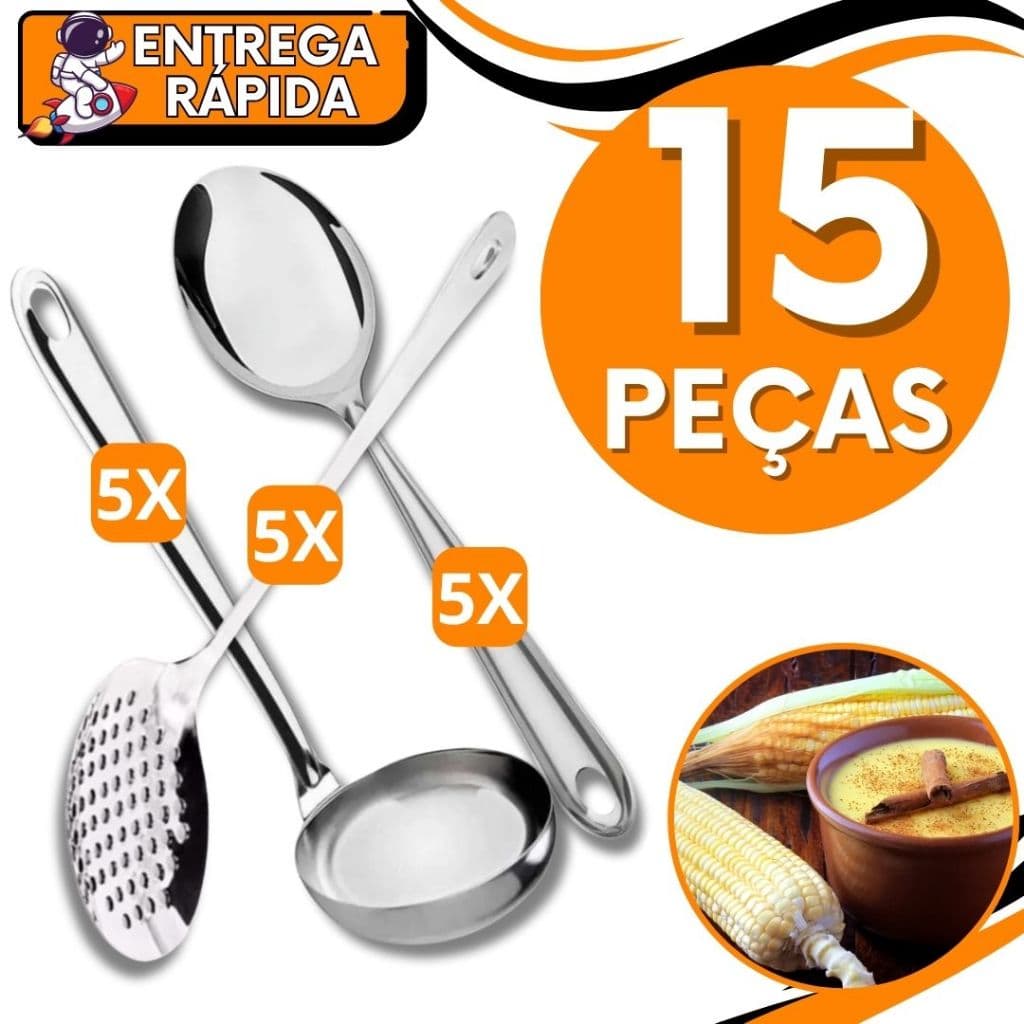 KIT JOGO 15 Colher Servir Arroz Concha Escumadeira Fritura Caldo Feijão  Resistente Aço Inox Escoa Coa Serve Pega Caldo