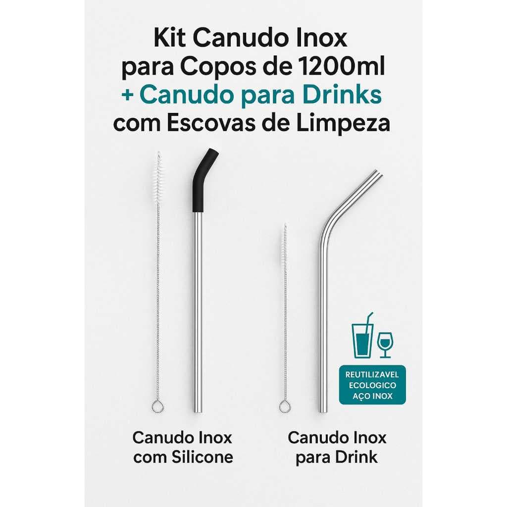 kit canudo pra copo de 1200ml mais canudo pra drink  todos de aço inox com escova de limpeza