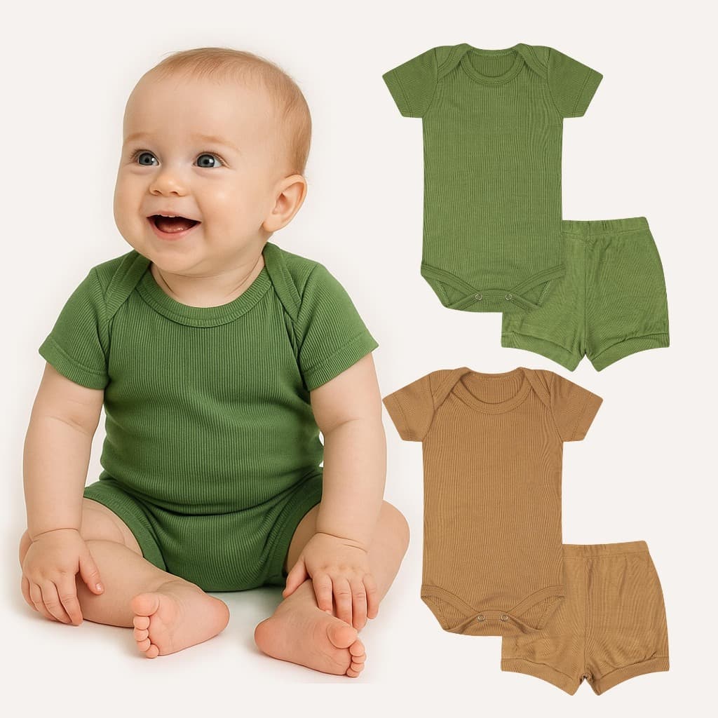 Conjunto 2 Peças Canelado Body Bebê Verão Manga Curta Short Masculino/feminino P ao 03 Anos