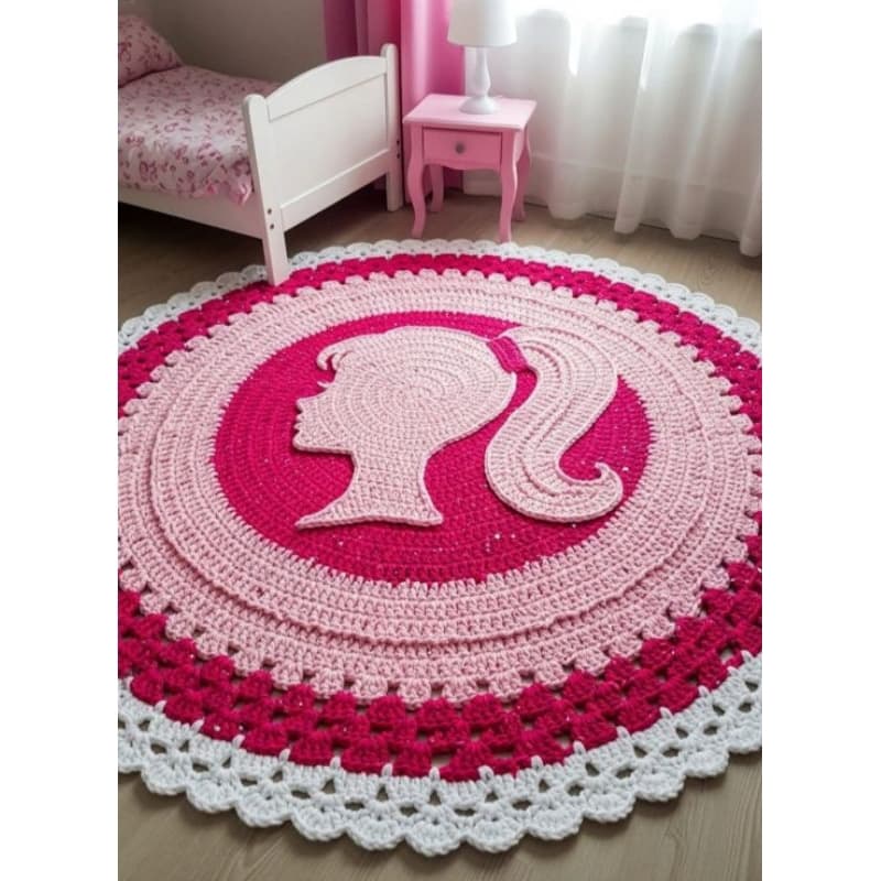tapete redondo Barbie para quarto infantil feito a mão em crochê
