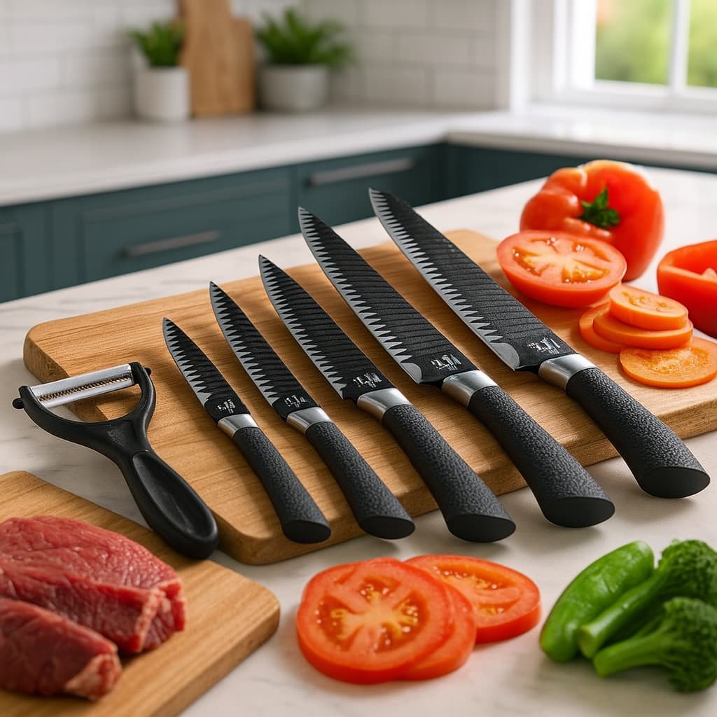 kit 6 peças de facas de cozinha legumes Churrasco Profissional Antiaderente Preto top chef