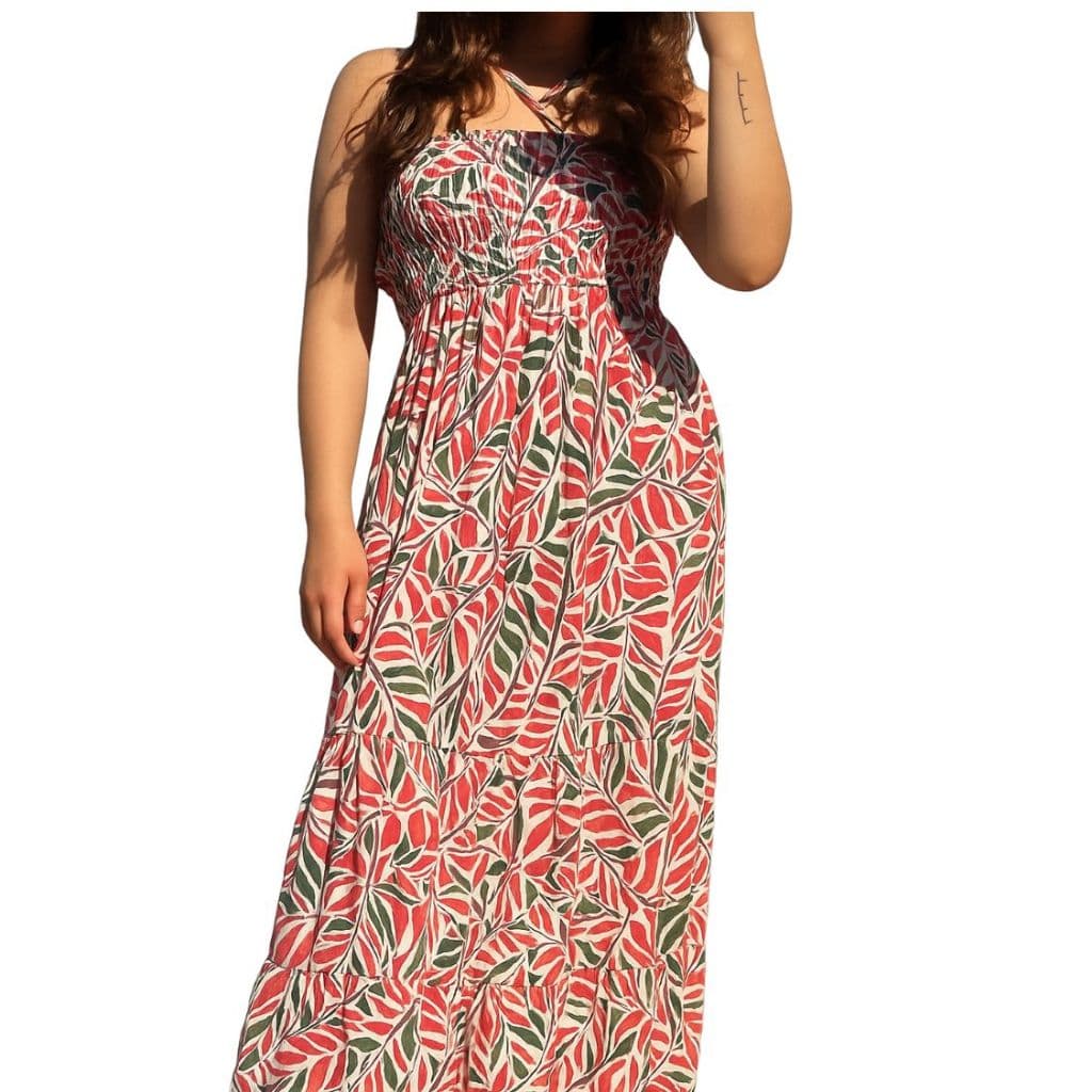 Vestido longuete soltinho estampa arabesco lastex no busto