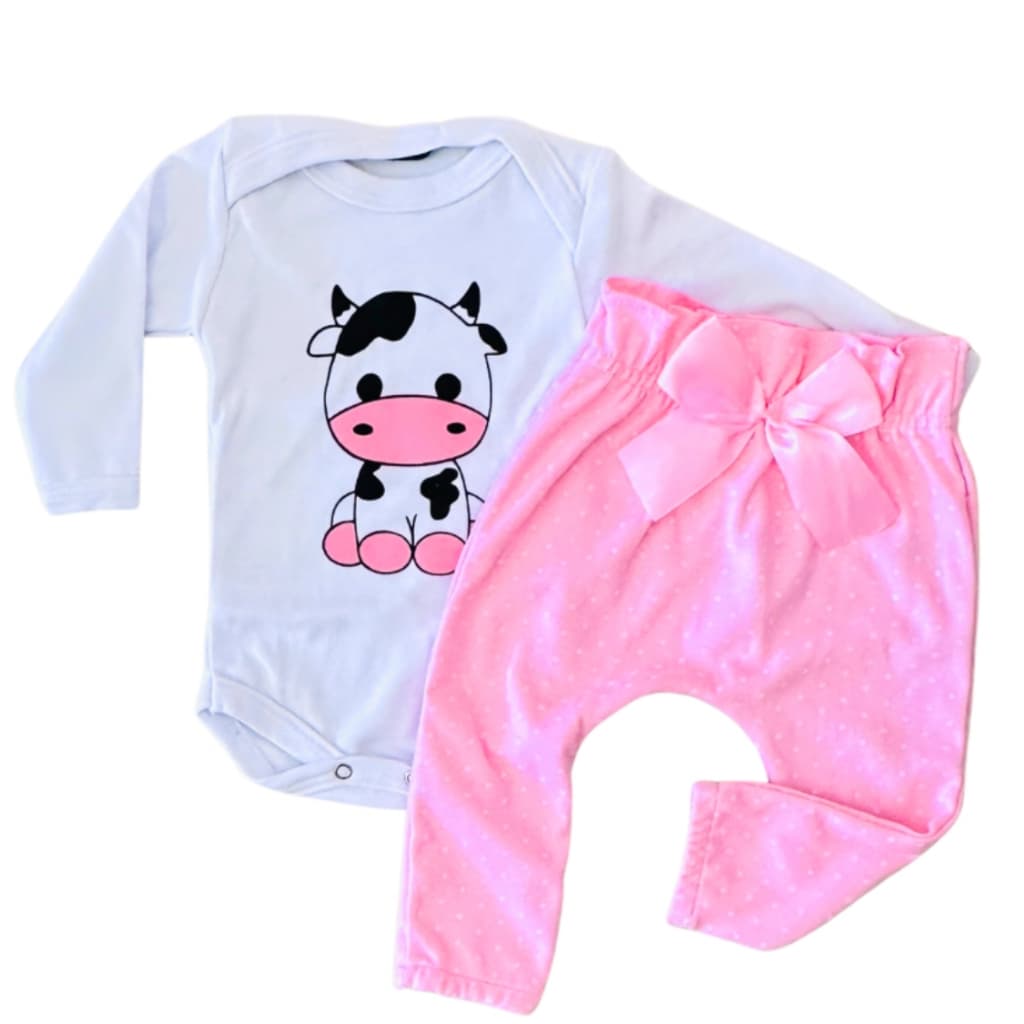 Conjunto Roupa Moda Bebê Menina Roupinha infantil Conjuntinho Feminino Calça Rosa e body Vaquinha