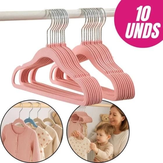 Kit 10 Cabides Infantil Veludo Antideslizante Slim Para Roupas Delicadas Organizador