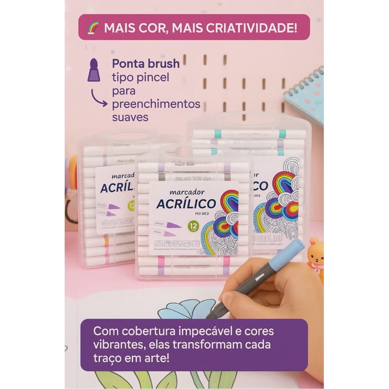 Kit Caneta Acrílica Ponta Brush e Ponta fina (PONTA DUPLA)